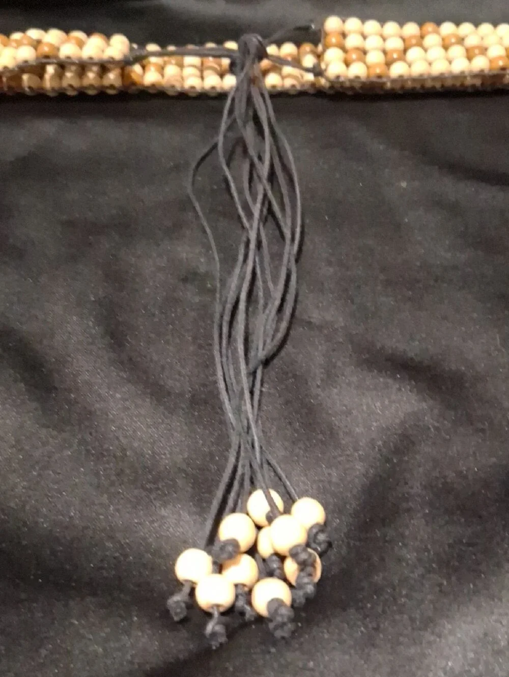 Wood Beaded Belt with Black Cord Tie - 36+ Inches